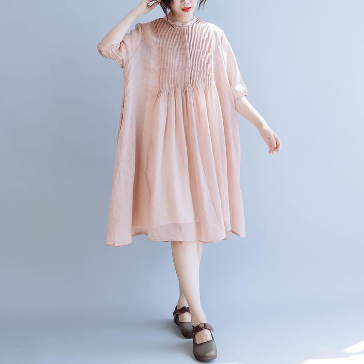 Simple stand collar half sleeve linen Cotton pink Dress summer - Omychic