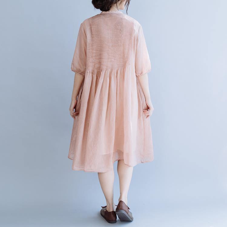 Simple stand collar half sleeve linen Cotton pink Dress summer - Omychic