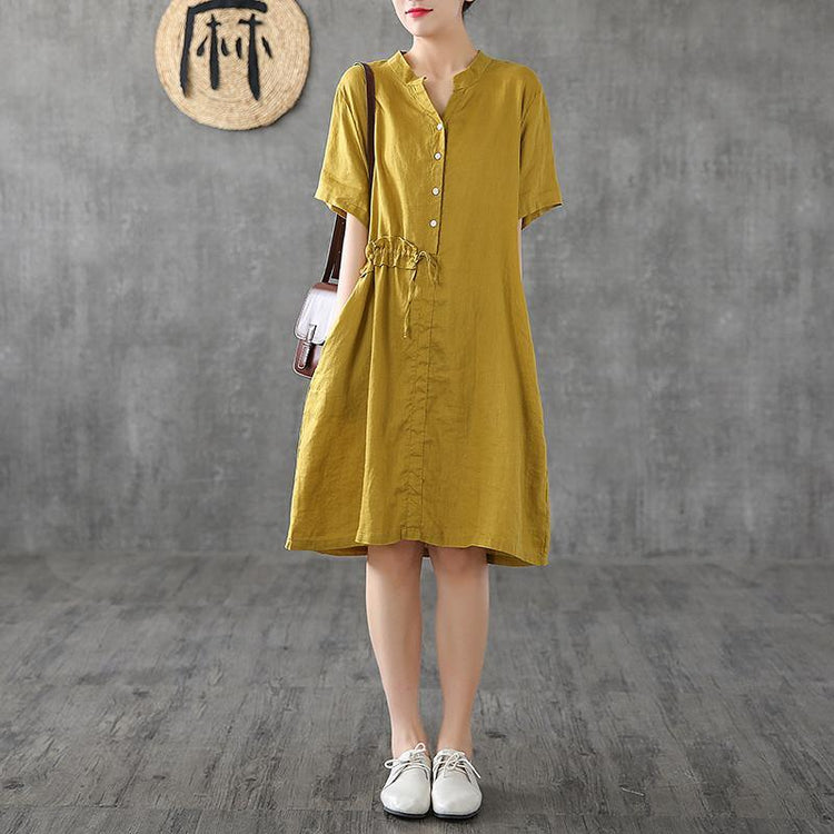 Simple stand collar patchwork linen clothes For Women Shape yellow Dresses - Omychic