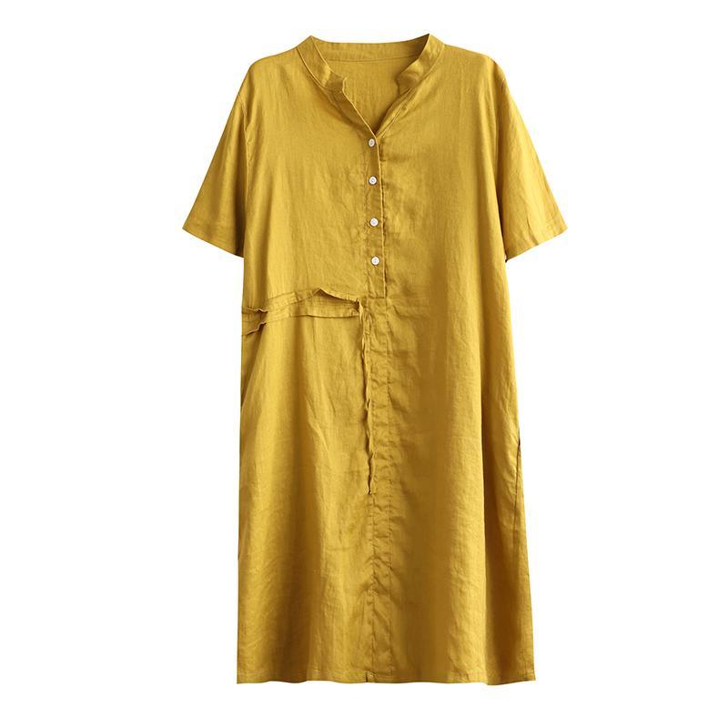 Simple stand collar patchwork linen clothes For Women Shape yellow Dresses - Omychic