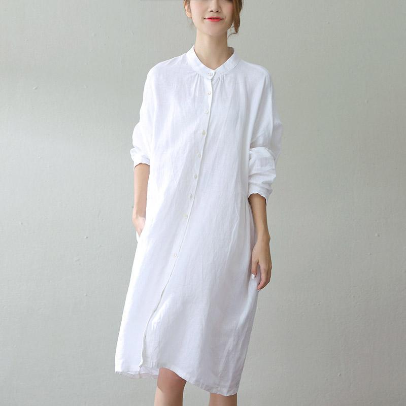 Simple stand collar pockets linen clothes Korea Catwalk white oversized Dresses summer - Omychic