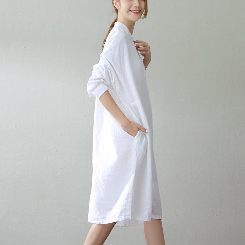 Simple stand collar pockets linen clothes Korea Catwalk white oversized Dresses summer - Omychic