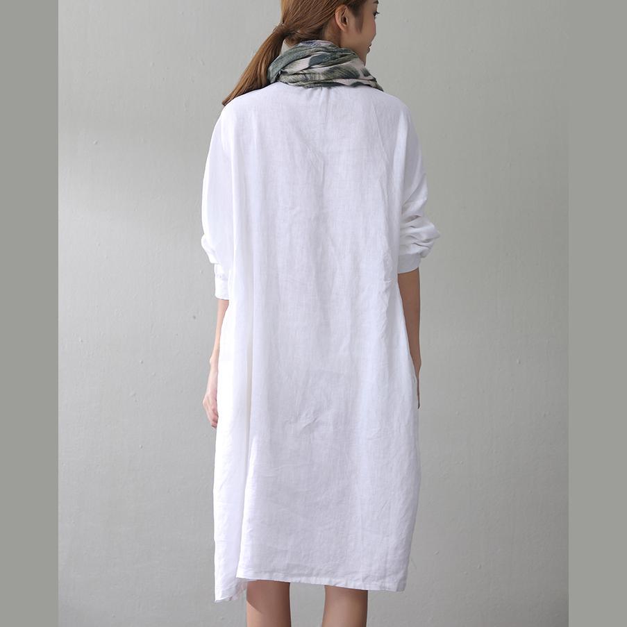 Simple stand collar pockets linen clothes Korea Catwalk white oversized Dresses summer - Omychic