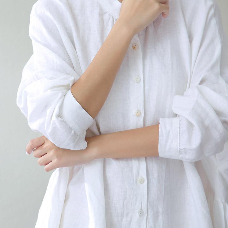 Simple stand collar pockets linen clothes Korea Catwalk white oversized Dresses summer - Omychic