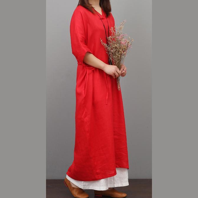 Simple tie waist linen dresses Inspiration red Dress v neck summer - Omychic