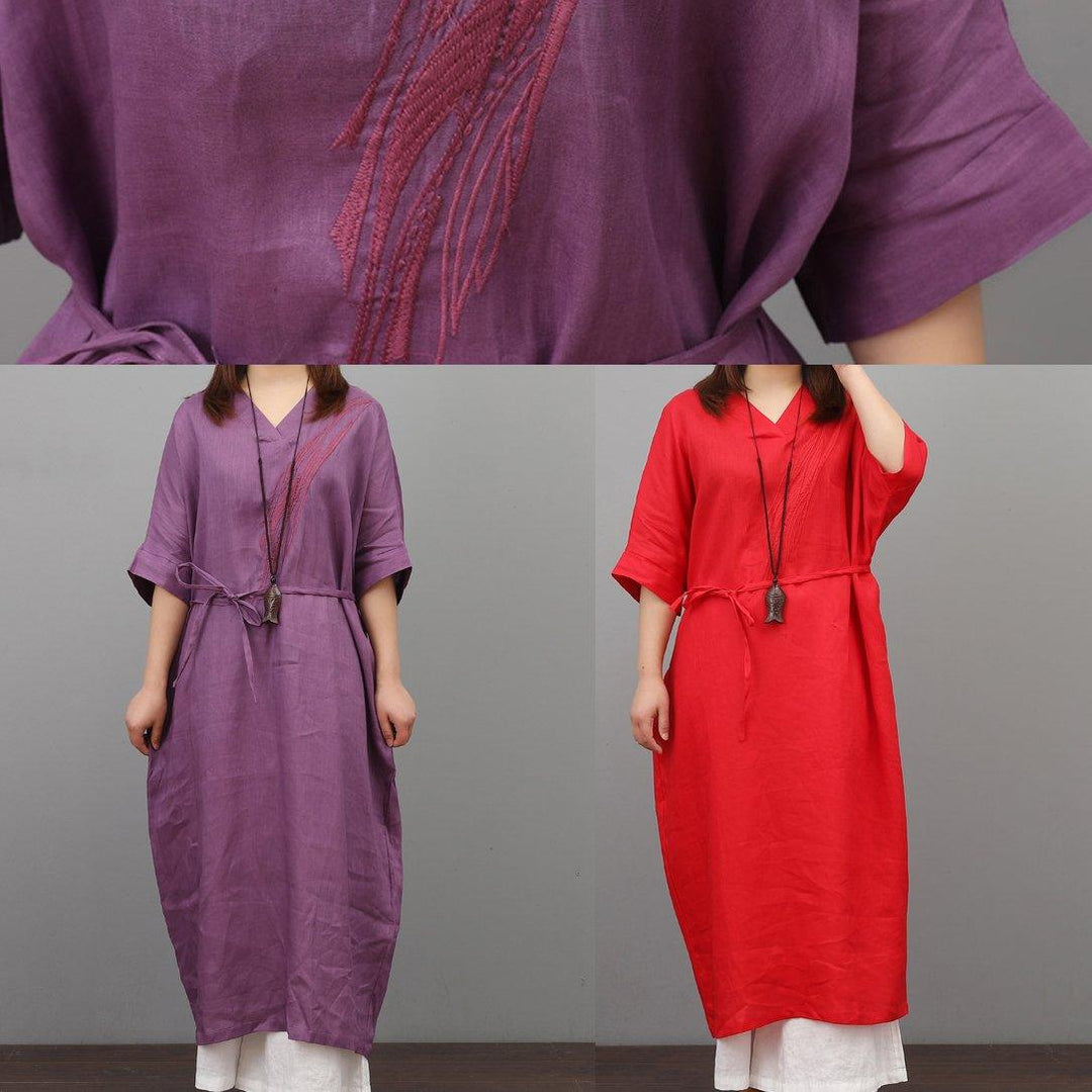 Simple tie waist linen dresses Inspiration red Dress v neck summer - Omychic