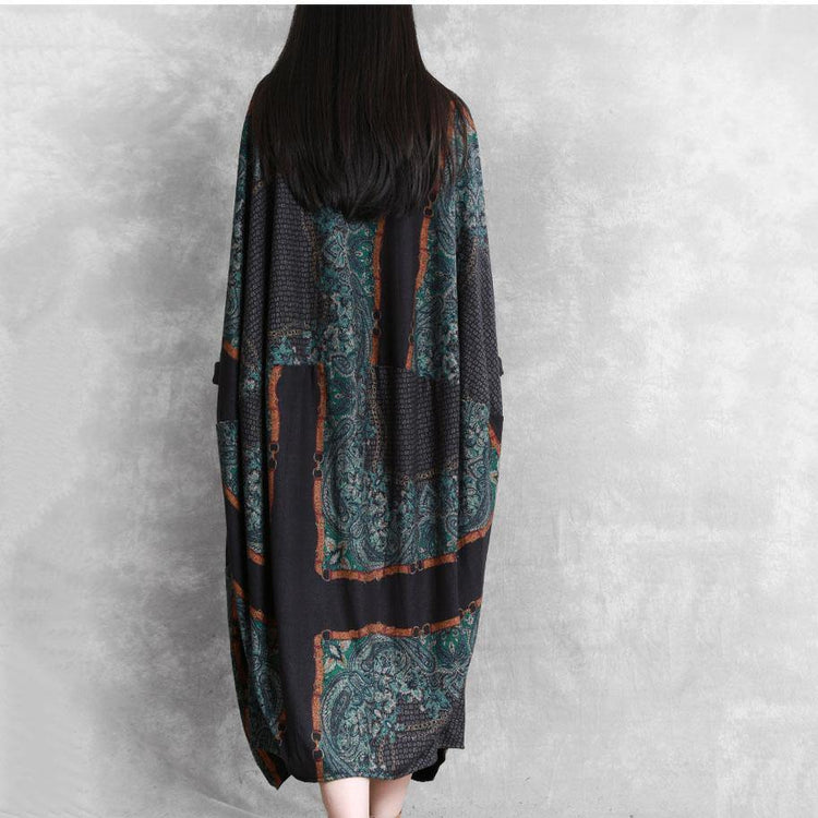 Simple v neck asymmetric cotton tunic pattern Tutorials blue print Maxi Dresses fall - Omychic