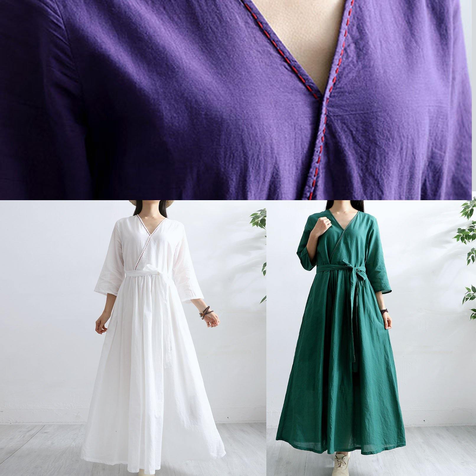 Simple v neck cotton tunic dress Sewing purple long Dresses half sleeve - Omychic