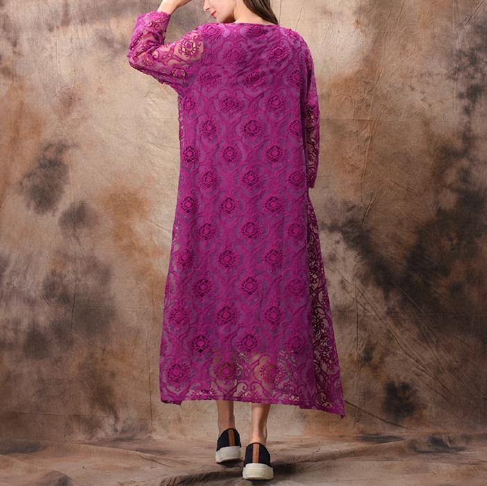 Simple v neck false two pieces lace dress Fitted Outfits purple long Dresses spring - Omychic