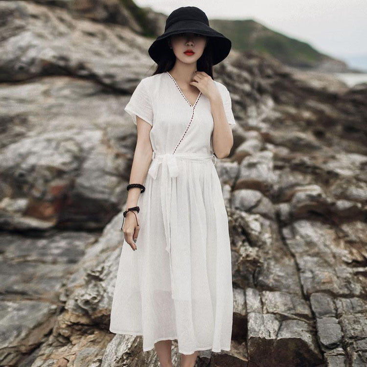 Simple v neck layered tie waist cotton quilting clothes Catwalk white Dresses summer - Omychic
