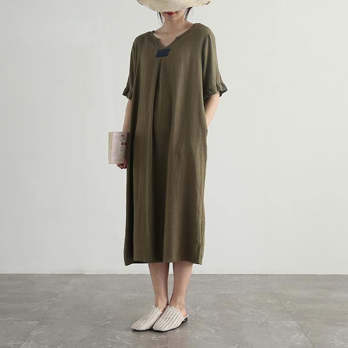 Simple v neck linen cotton tunics for women Photography green Dresses summer - Omychic