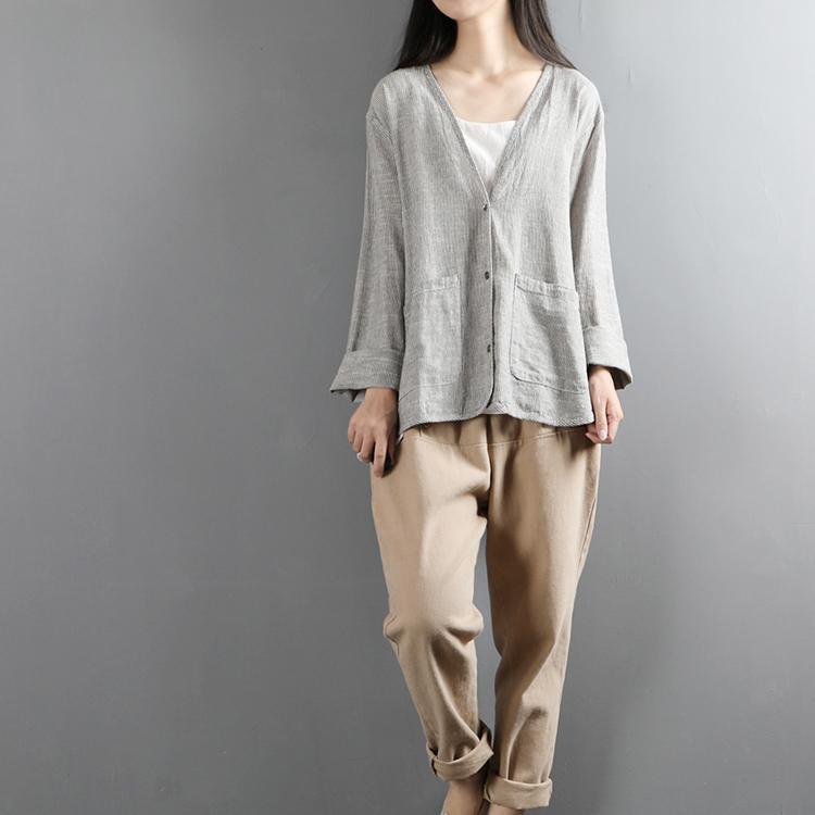 Simple v neck linen fall tunic top Shirts gray top - Omychic