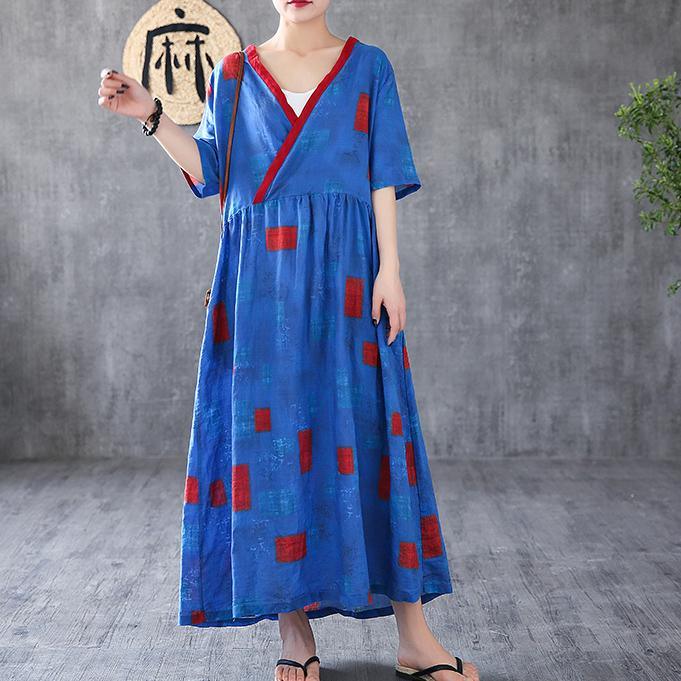 Simple V Neck Patchwork Linen Clothes Work Outfits Blue Print Dress ( Limited Stock) - Omychic
