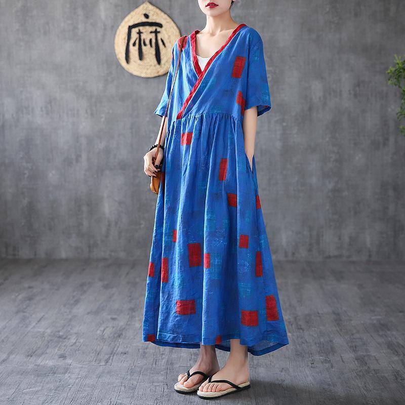Simple V Neck Patchwork Linen Clothes Work Outfits Blue Print Dress ( Limited Stock) - Omychic