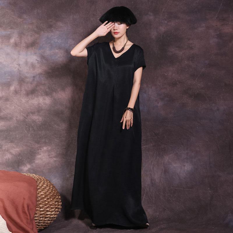 Simple v neck pockets linen clothes For Women Neckline black Dresses summer - Omychic