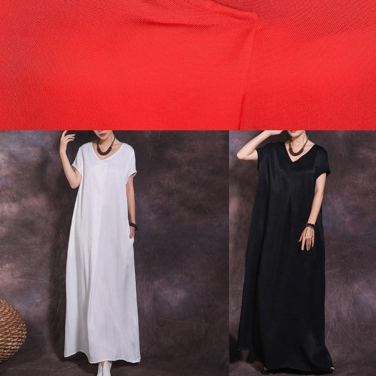 Simple v neck pockets linen clothes For Women Neckline black Dresses summer - Omychic