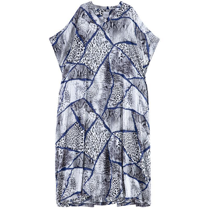 Simple v neck short sleeve cotton dress Outfits blue print Maxi Dress - Omychic