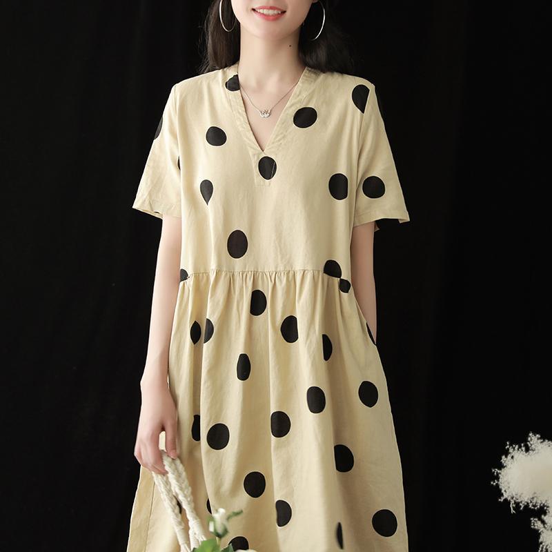 Simple v neck wrinkled linen Robes Tunic Tops khaki dotted Dresses summer - Omychic