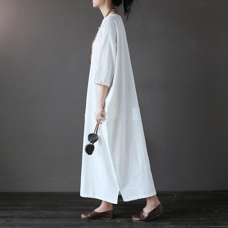 Simple white linen clothes plus size Sleeve Love Batwing Sleeve o neck asymmetric Dresses - Omychic