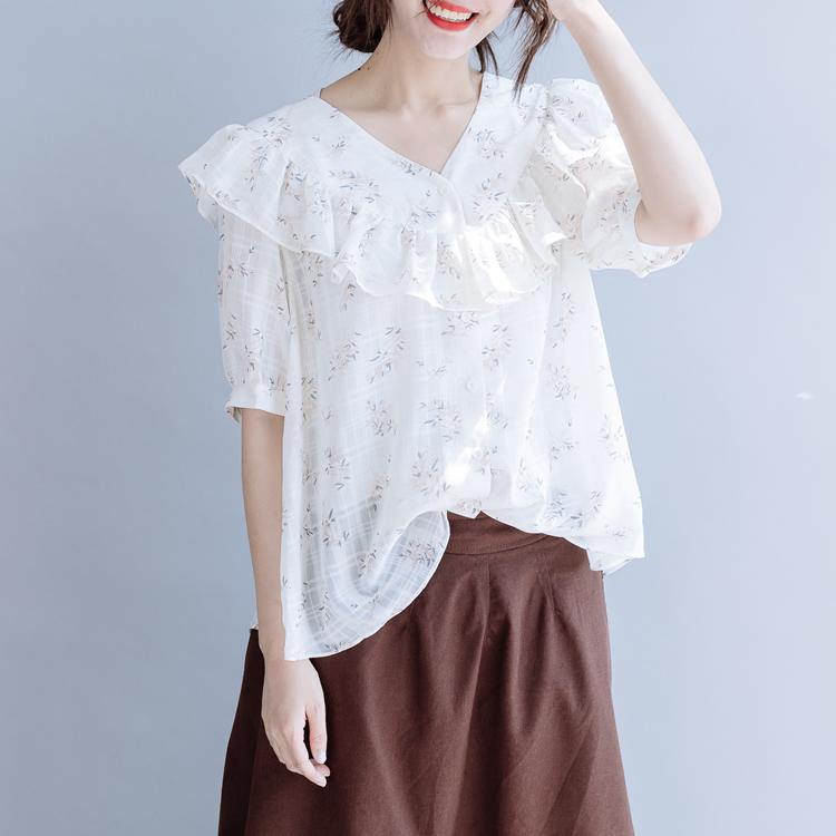 Simple white print chiffon Blouse Fabrics v neck Ruffles summer shirts - Omychic