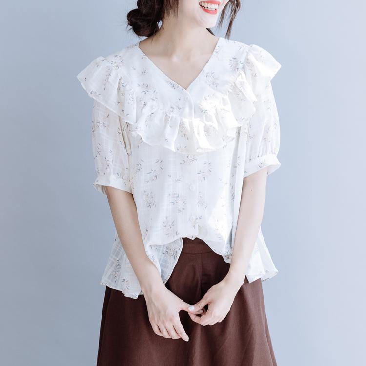 Simple white print chiffon Blouse Fabrics v neck Ruffles summer shirts - Omychic