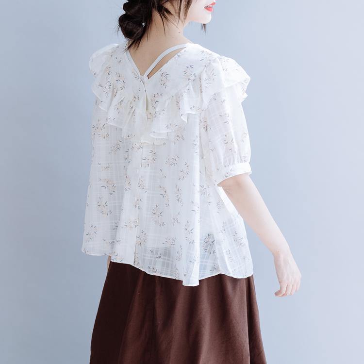 Simple white print chiffon Blouse Fabrics v neck Ruffles summer shirts - Omychic