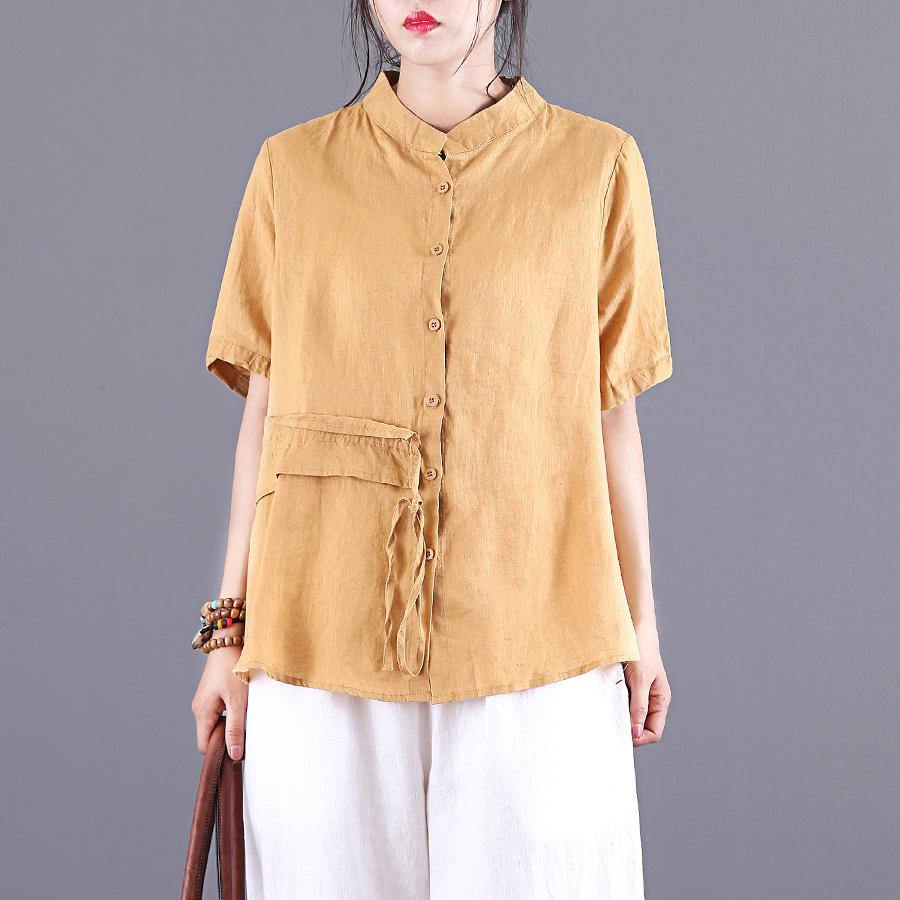 Simple yellow linen blouses for women stand collar patchwork loose summer top - Omychic