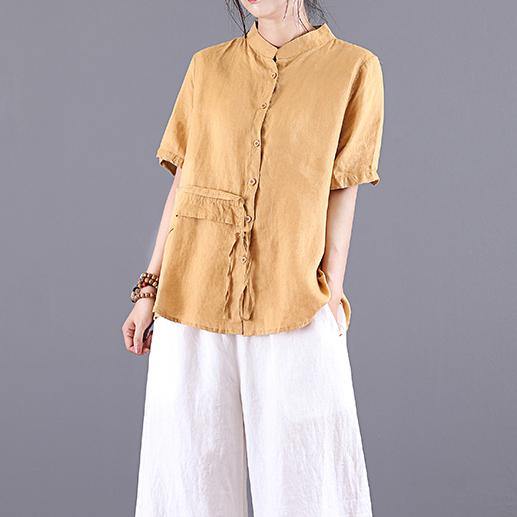 Simple yellow linen blouses for women stand collar patchwork loose summer top - Omychic