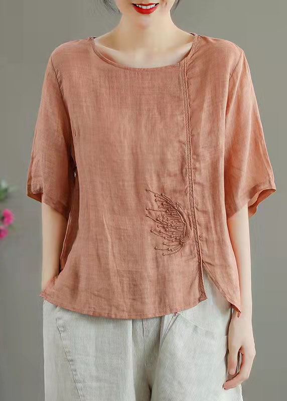 Simple Orange Embroideried Linen Top Summer