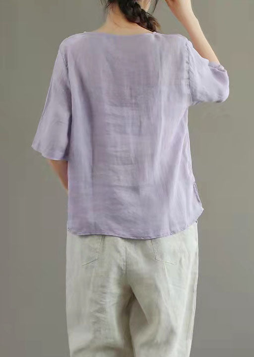 Simple Orange Embroidered Linen Top Summer