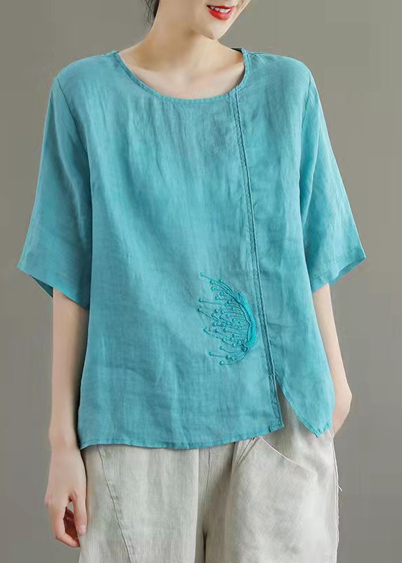 Simple Orange Embroidered Linen Top Summer