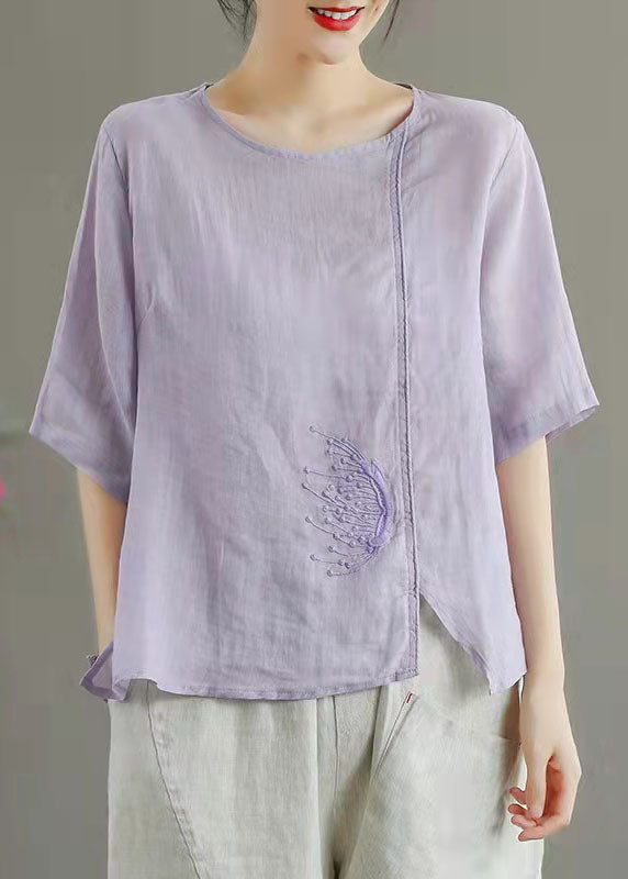 Simple Orange Embroidered Linen Top Summer