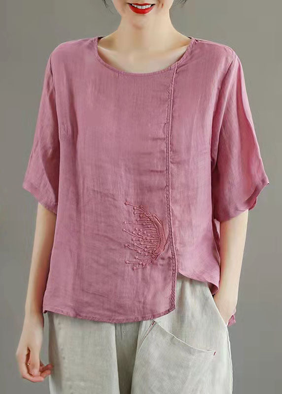 Simple Orange Embroidered Linen Top Summer