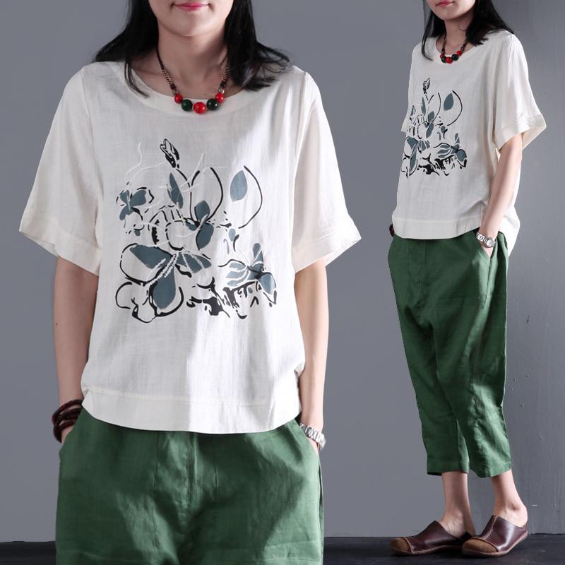 Simple life print linen shirt summer t short women blouse plus size white - Omychic