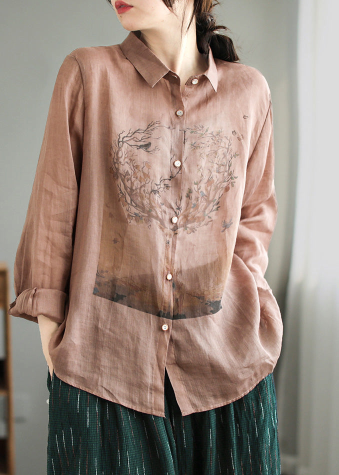 Skin Pink Print Ramie Shirts Long Sleeve