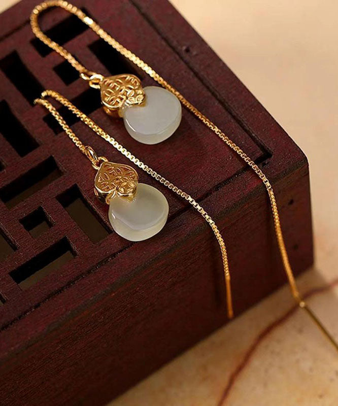 Skinny Gold Sterling Silver Overgild Inlaid Jade Gourd Drop Earrings