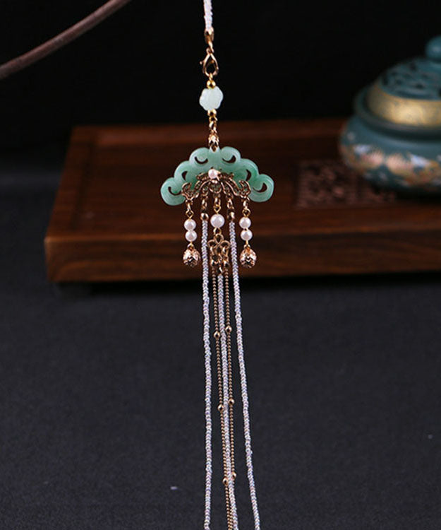 Skinny Green Sterling Silver Alloy Jade Pearl Ping Buckle Tassel Brooches