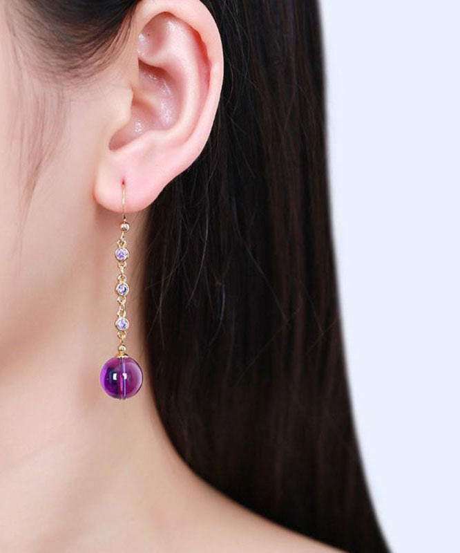 Skinny Purple Smooth Finish 14K Gold Crystal Tassel Drop Earrings