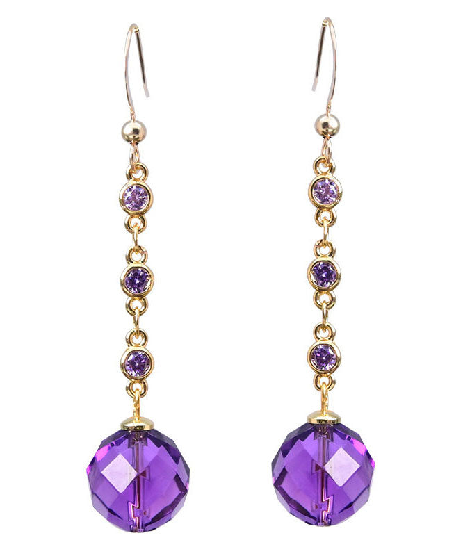 Skinny Purple Smooth Finish 14K Gold Crystal Tassel Drop Earrings