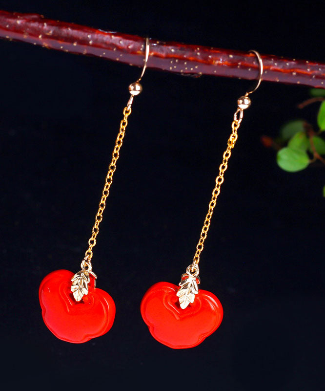 Skinny Red Sterling Silver Overgild Cinnabar Ruyi Drop Earrings