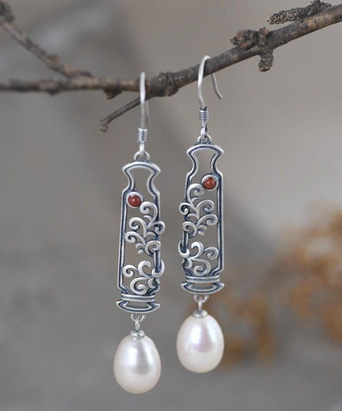 Skinny Silk Sterling Silver Agate Pearl Drop Earrings