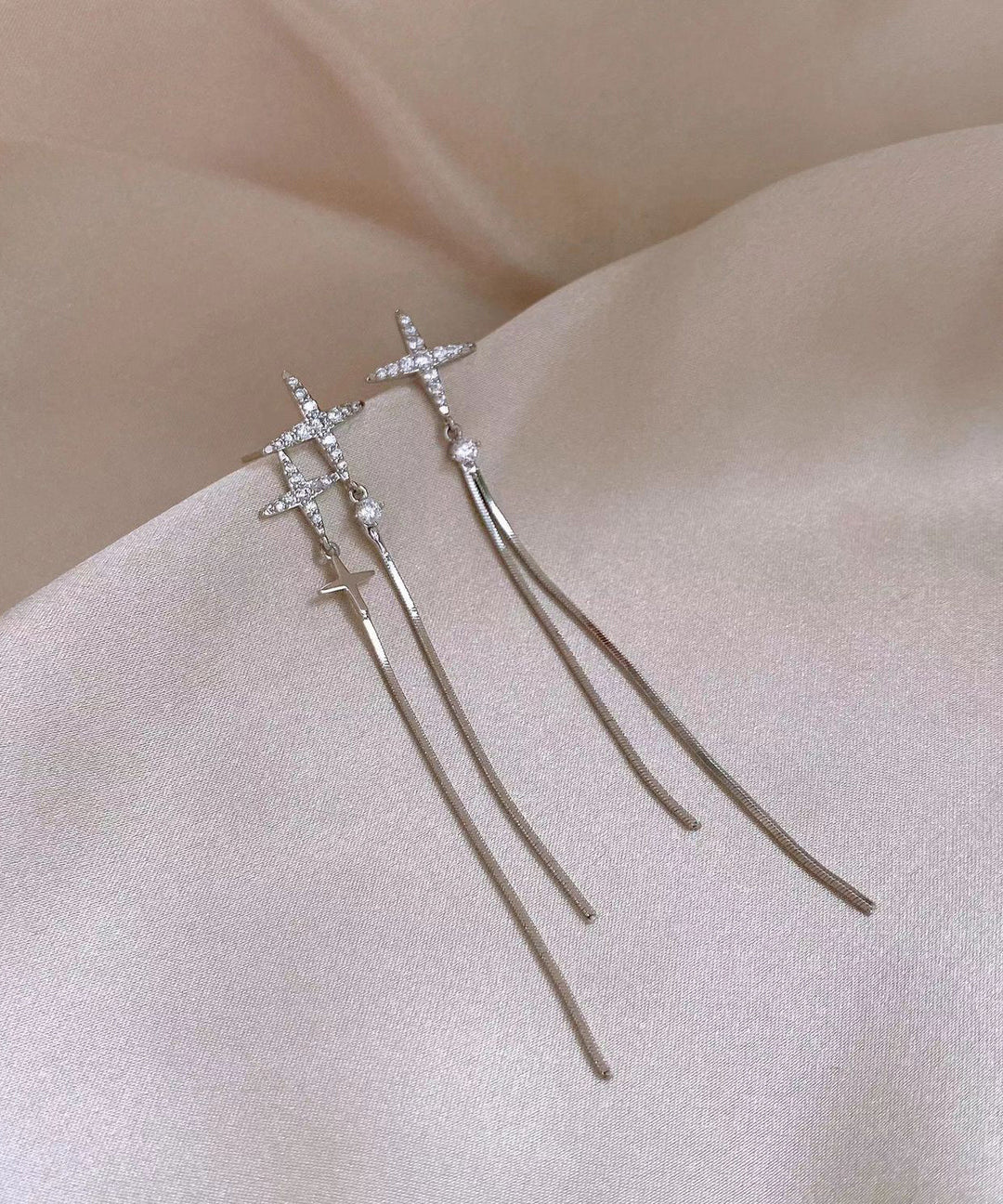 Skinny Silk Sterling Silver Zircon Asymmetry Stars Tassel Drop Earrings