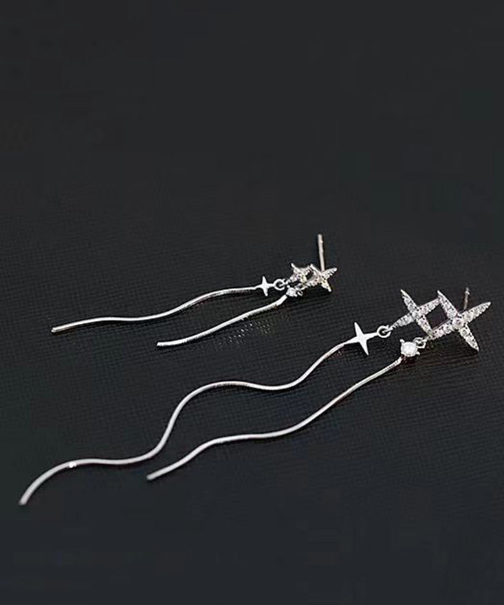 Skinny Silk Sterling Silver Zircon Asymmetry Stars Tassel Drop Earrings