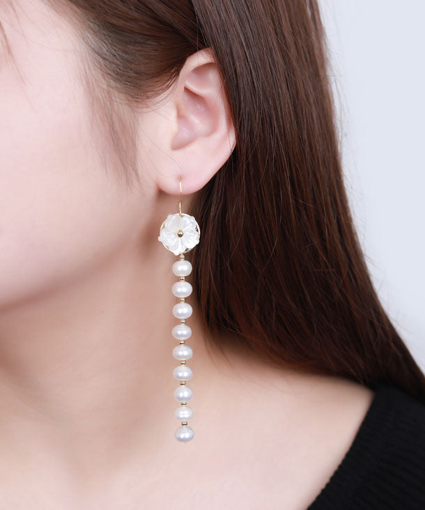 Skinny White Sterling Silver Overgild Pearl Shell Flower Tassel Drop Earrings