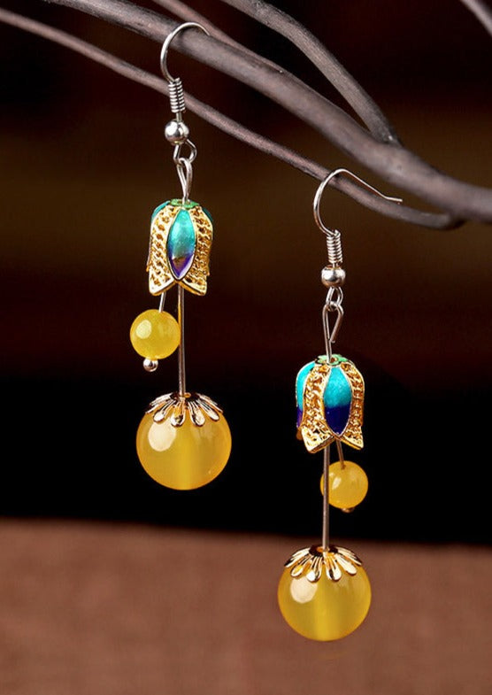 Skinny Yellow Jade Cloisonne Floral Drop Earrings