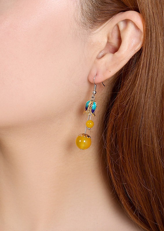 Skinny Yellow Jade Cloisonne Floral Drop Earrings