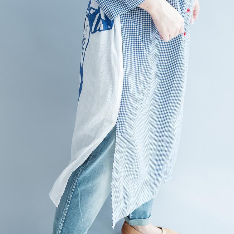 Sky blue plaid patchwork maxi dress oversize long shirts back print linen dresses - Omychic