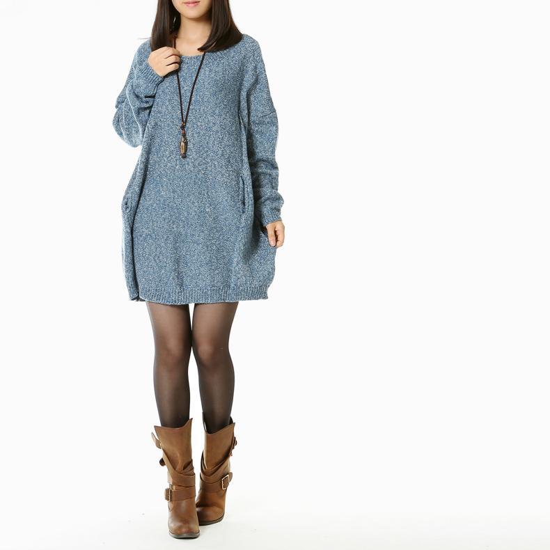 Sky blue women knit sweaters plus size - Omychic
