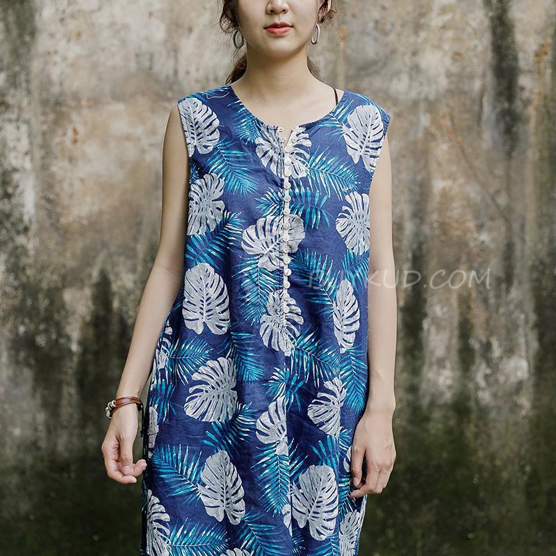 Sleeveless Round Neck Leaves Pattern Navy Blue Dress - Omychic