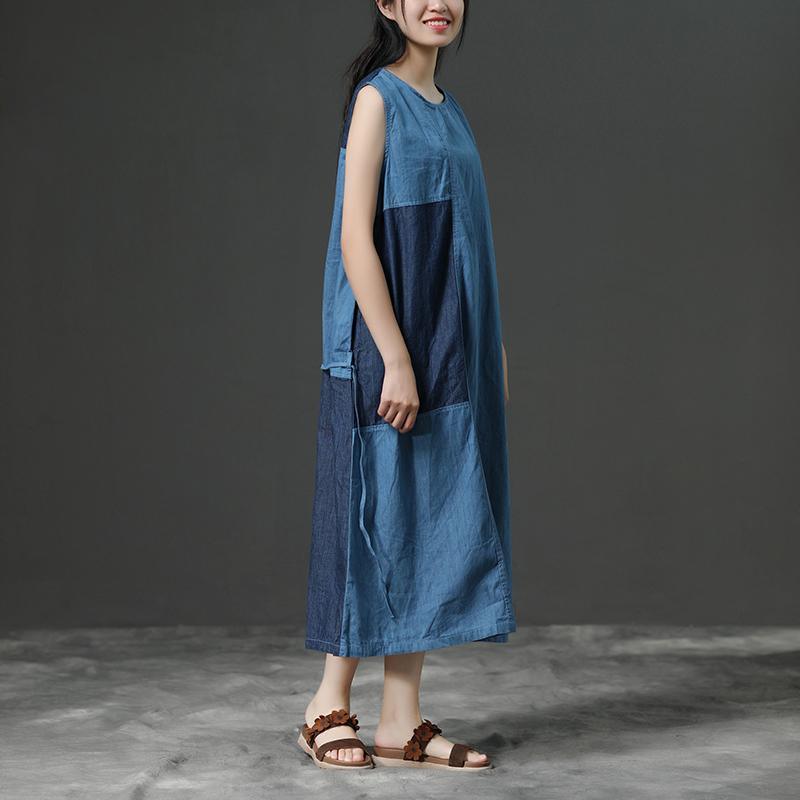 Sleeveless Summer Blue Commuter Cotton Dress - Omychic